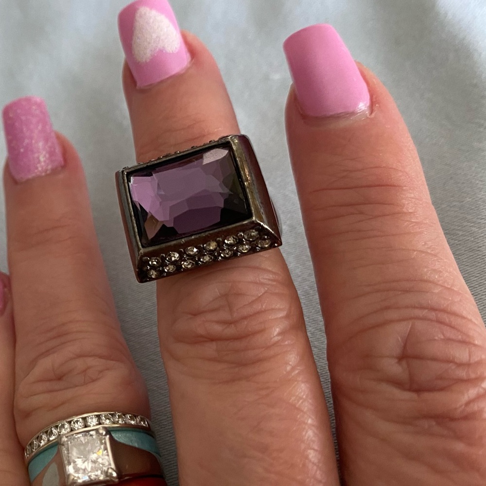 Lia Sophia statement ring, purple stone with clear rhinestone sides